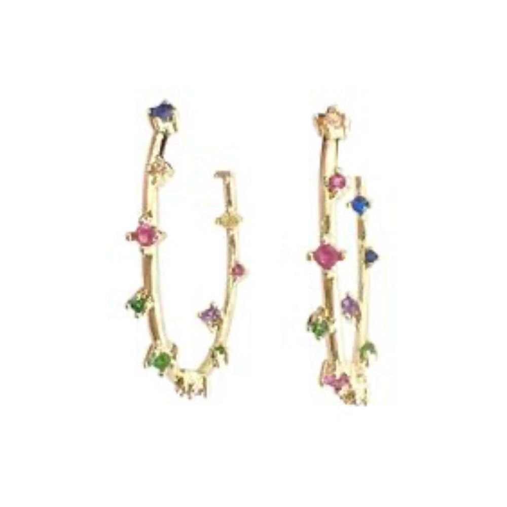 Elegant Gold Plated Hoop Earrings with Multicolor Accent Stones 1.5 Inch NEW